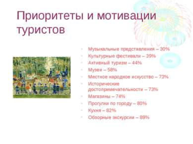 Приоритеты и мотивации туристов Музыкальные представления – 30% Культурные фе...