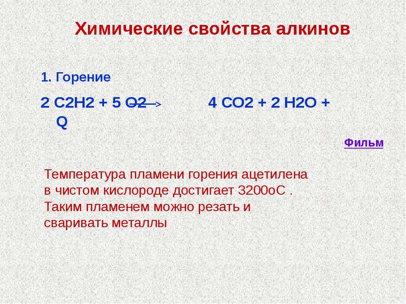 1. Горение 2 С2Н2 + 5 О2 4 СО2 + 2 Н2О + Q Химические свойства алкинов Темпер...