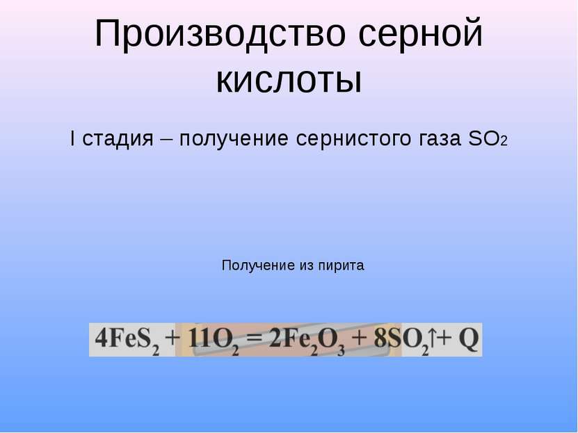 Производство серной кислоты I стадия – получение сернистого газа SO2 Получени...