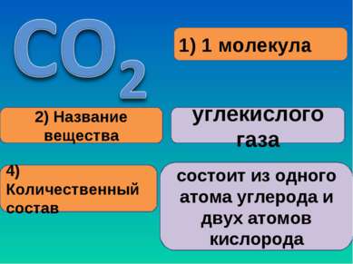 1) 1 молекула 2) Название вещества углекислого газа 4) Количественный состав ...