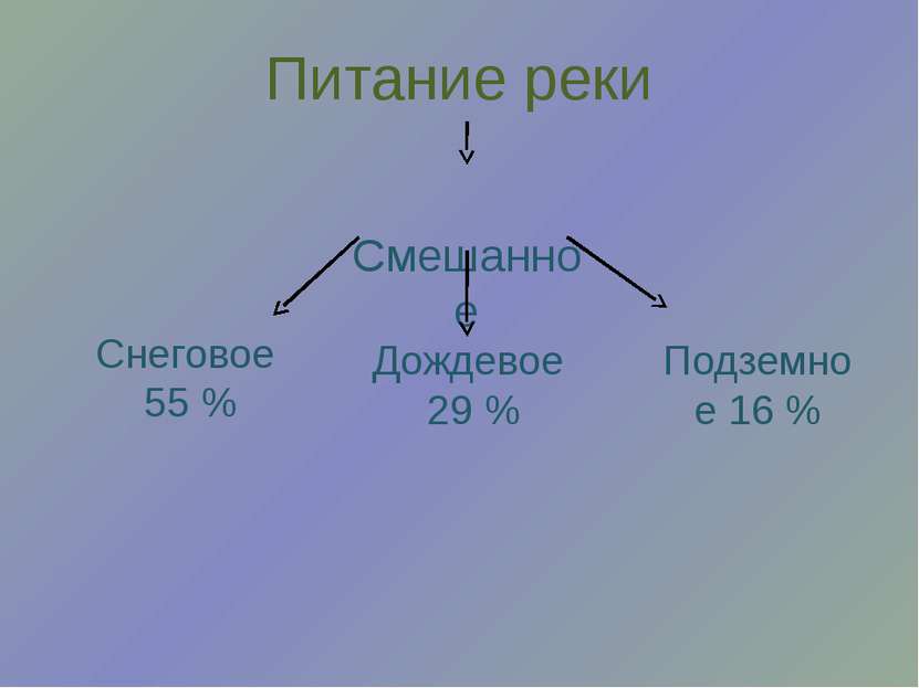 Питание реки Смешанное Снеговое 55 % Дождевое 29 % Подземное 16 %