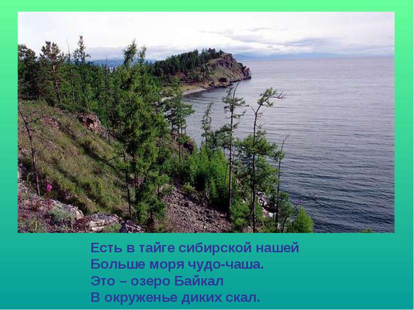 Есть в тайге сибирской нашей Больше моря чудо-чаша. Это – озеро Байкал В окру...