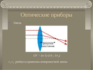 Оптические приборы Линза 1/F = (n-1) (1/r1-1/r2) r1 r2- радиусы кривизны пове...