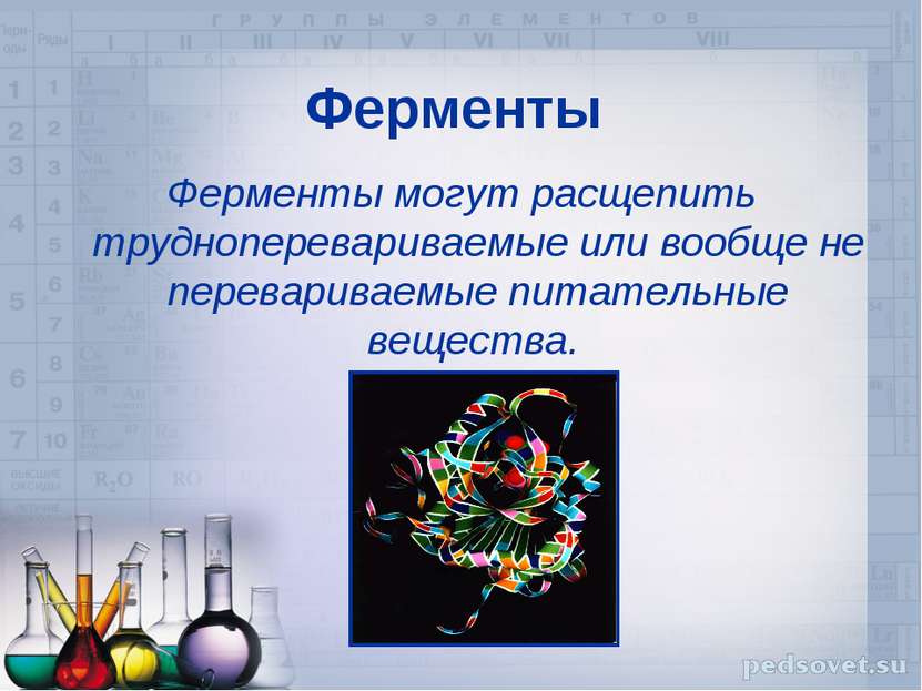 Ферменты Ферменты могут расщепить трудноперевариваемые или вообще не перевари...