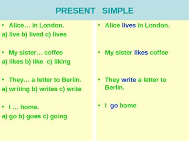 PRESENT SIMPLE Alice… in London. a) live b) lived c) lives My sister… coffee ...