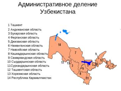 Административное деление Узбекистана 1 Ташкент 2 Андижанская область 3 Бухарс...