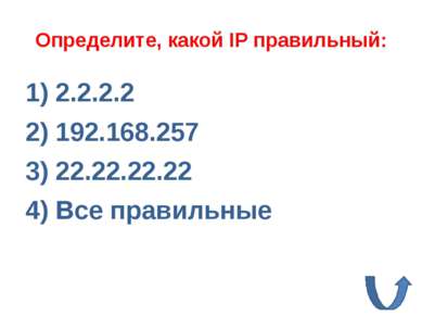 224.0.0.2 11.12.22.32 172.16.24.264 Все правильные Определите, какой IP непра...