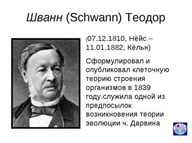 * Шванн (Schwann) Теодор (07.12.1810, Нёйс – 11.01.1882, Кёльн) Сформулировал...