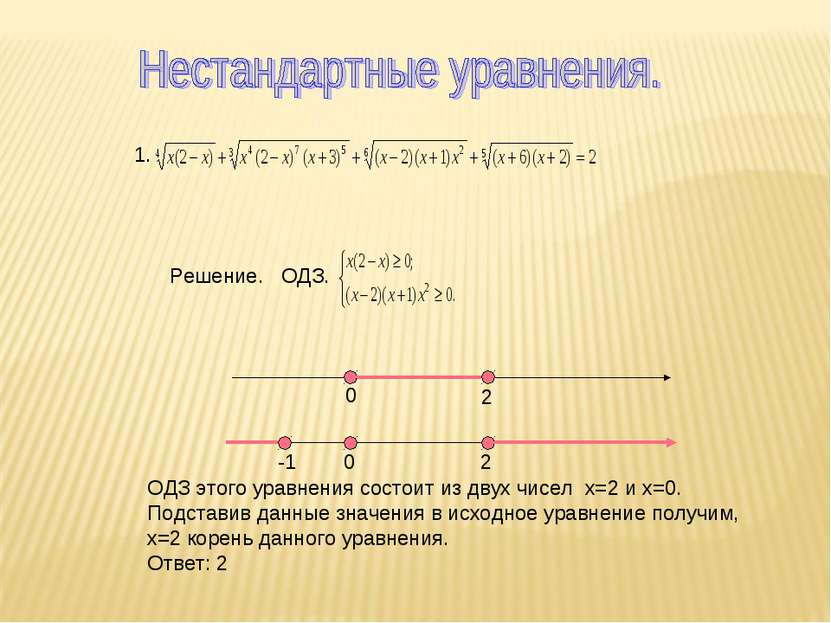 1. 0 2 2 -1 0 Решение. ОДЗ. ОДЗ этого уравнения состоит из двух чисел х=2 и х...