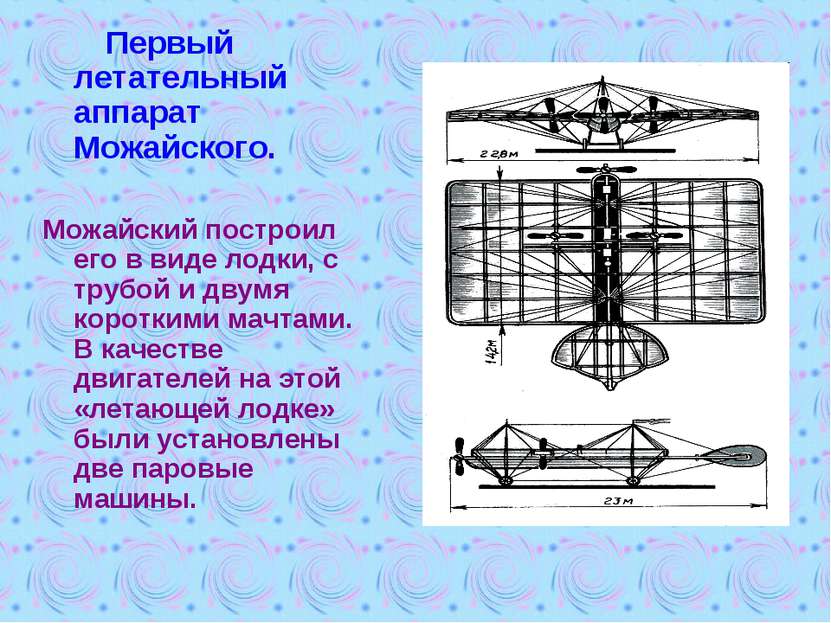 Первый летательный аппарат Можайского. Можайский построил его в виде лодки, с...