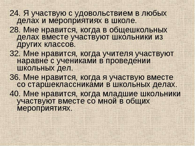 24. Я участвую с удовольствием в любых делах и мероприятиях в школе. 28. Мне ...