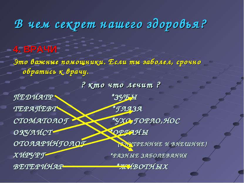 В чем секрет нашего здоровья? 4. ВРАЧИ Это важные помощники. Если ты заболел,...