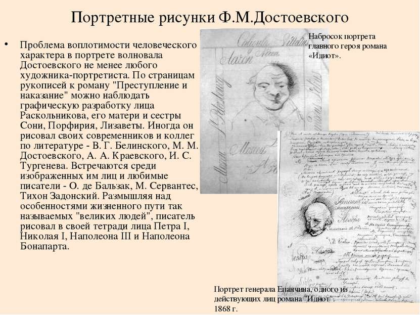 Портретные рисунки Ф.М.Достоевского Проблема воплотимости человеческого харак...