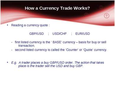 How a Currency Trade Works? Reading a currency quote : GBP/USD ; USD/CHF ; EU...