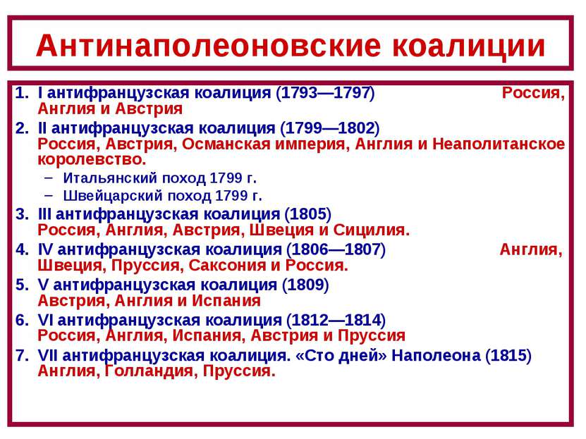 Антинаполеоновские коалиции 1. I антифранцузская коалиция (1793—1797) Россия,...