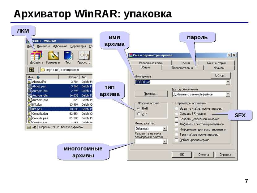 * Архиватор WinRAR: упаковка ЛКМ тип архива SFX многотомные архивы пароль имя...
