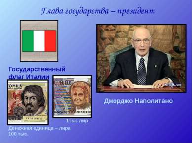 Глава государства – президент Джорджо Наполитано Государственный флаг Италии ...