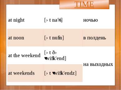 TIME at night [ət naɪt] ночью at noon [ətnuːn] в полдень at the weekend [ətðə...