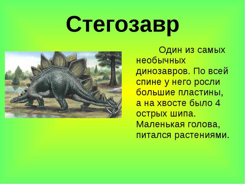 Стегозавр Один из самых необычных динозавров. По всей спине у него росли боль...