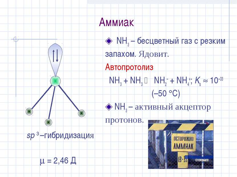 Аммиак NH3 – бесцветный газ с резким запахом. Ядовит. Автопротолиз NH3 + NH3 ...