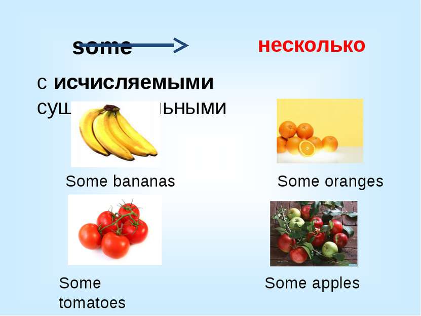 с исчисляемыми существительными несколько some Some bananas Some tomatoes Som...