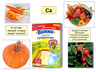 Ca В составе овощей, плодов входит кальций Продукты питания обогащают элемент...