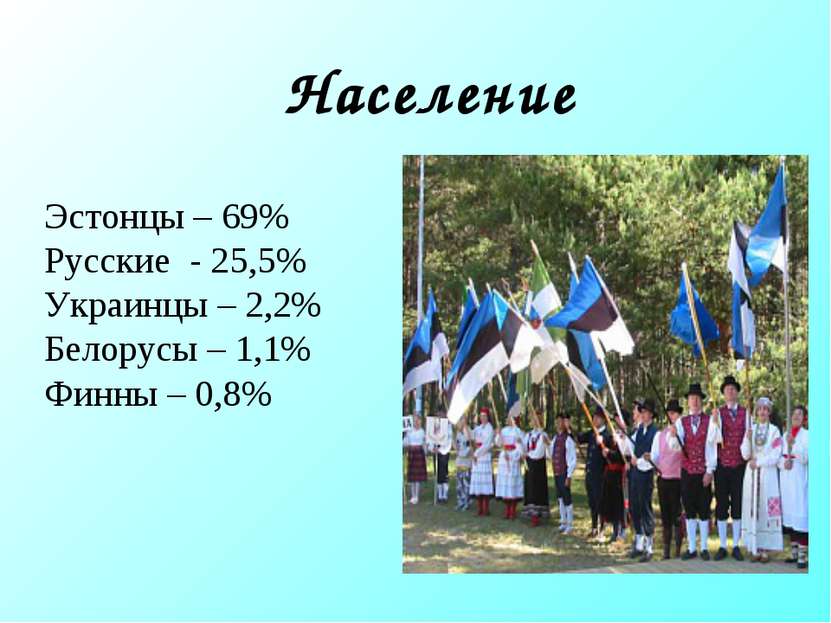 Население Эстонцы – 69% Русские - 25,5% Украинцы – 2,2% Белорусы – 1,1% Финны...
