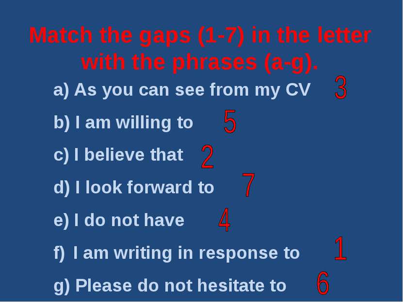 Match the gaps (1-7) in the letter with the phrases (a-g). As you can see fro...