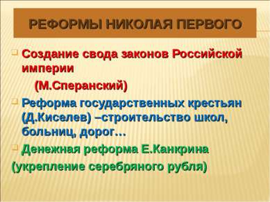 РЕФОРМЫ НИКОЛАЯ ПЕРВОГО Создание свода законов Российской империи (М.Сперанск...