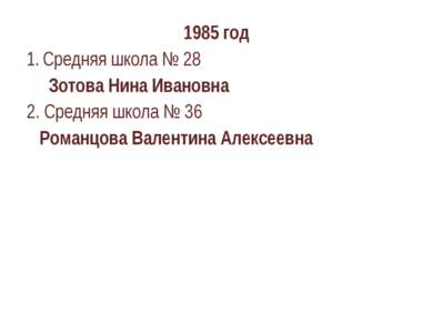 1985 год Средняя школа № 28 Зотова Нина Ивановна 2. Средняя школа № 36 Романц...