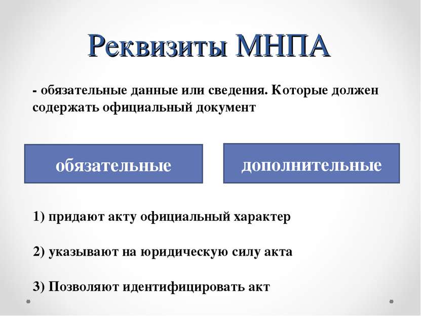 Реквизиты МНПА обязательные дополнительные - обязательные данные или сведения...