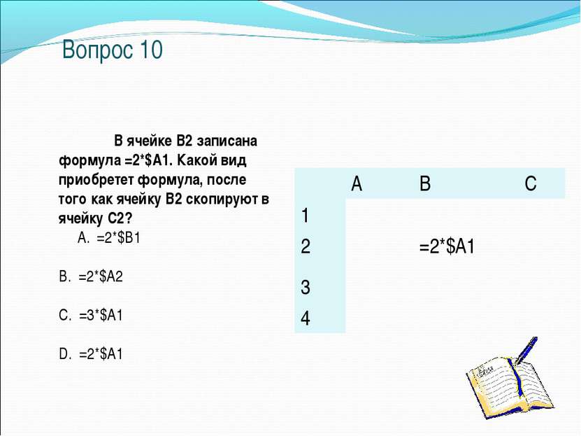Вопрос 10 В ячейке B2 записана формула =2*$A1. Какой вид приобретет формула, ...