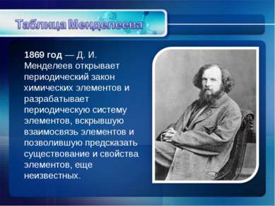 1869 год — Д. И. Менделеев открывает периодический закон химических элементов...