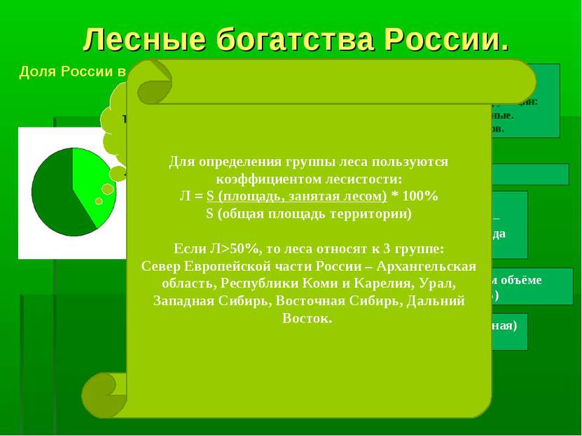 Лесные богатства России. 45% территории занято лесами Доля России в мире В на...