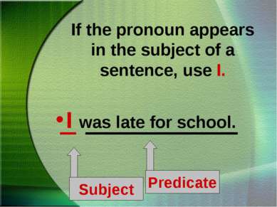 If the pronoun appears in the subject of a sentence, use I. I was late for sc...