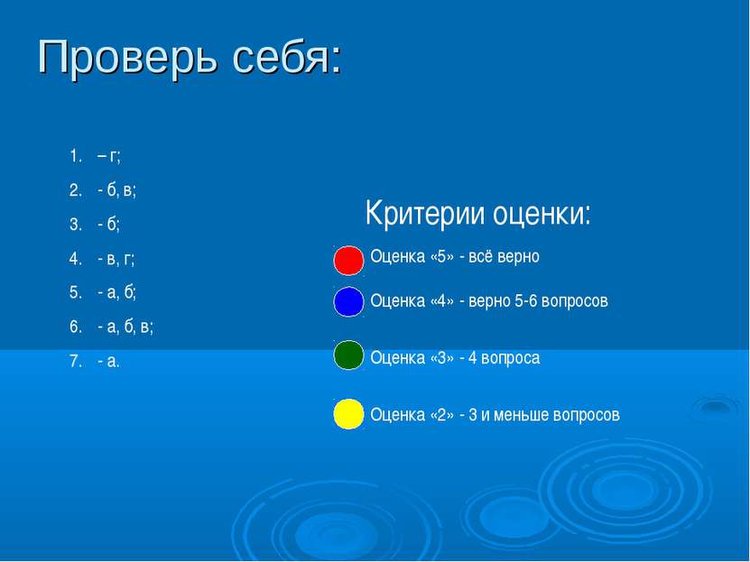 Проверь себя: – г; - б, в; - б; - в, г; - а, б; - а, б, в; - а. Оценка «5» - ...