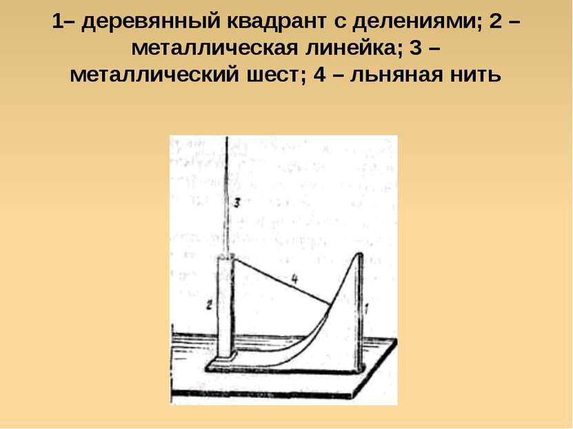 Яковлева Т.Ю. 1– деревянный квадрант с делениями; 2 – металлическая линейка; ...