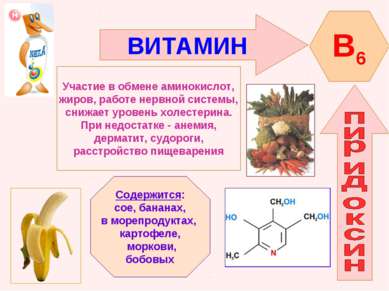 ВИТАМИН B6 Участие в обмене аминокислот, жиров, работе нервной системы, снижа...