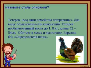 Тетерев –род птиц семейства тетеревиных. Два вида: обыкновенный и кавказский....
