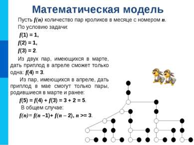Математическая модель Пусть f(n) количество пар кроликов в месяце с номером n...