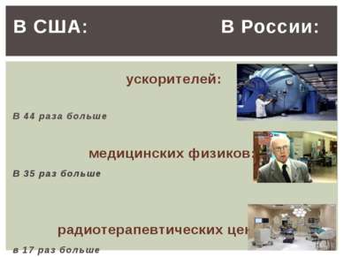 В США: В России: ускорителей: В 44 раза больше медицинских физиков: В 35 раз ...