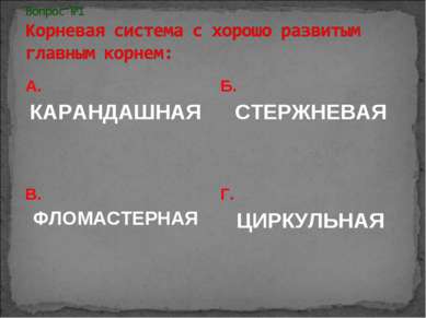 А. КАРАНДАШНАЯ Б. СТЕРЖНЕВАЯ В. ФЛОМАСТЕРНАЯ Г. ЦИРКУЛЬНАЯ