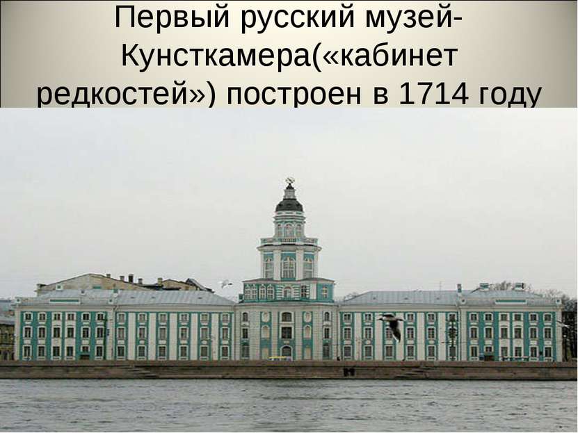 Первый русский музей-Кунсткамера(«кабинет редкостей») построен в 1714 году