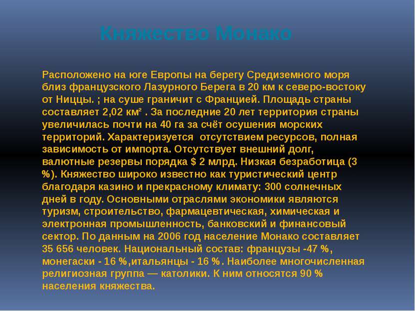 Княжество Монако Расположено на юге Европы на берегу Средиземного моря близ ф...