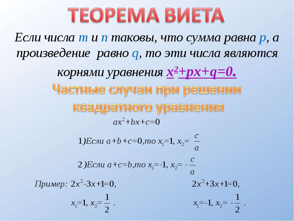 Сумма равна произведению равна частному. Теорема Виета. Частный случай квадратного уравнения. Частный случай теоремы Виета. Частные случаи квадратных уравнений.
