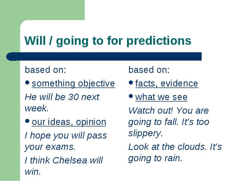 Will / going to for predictions based on: something objective He will be 30 n...