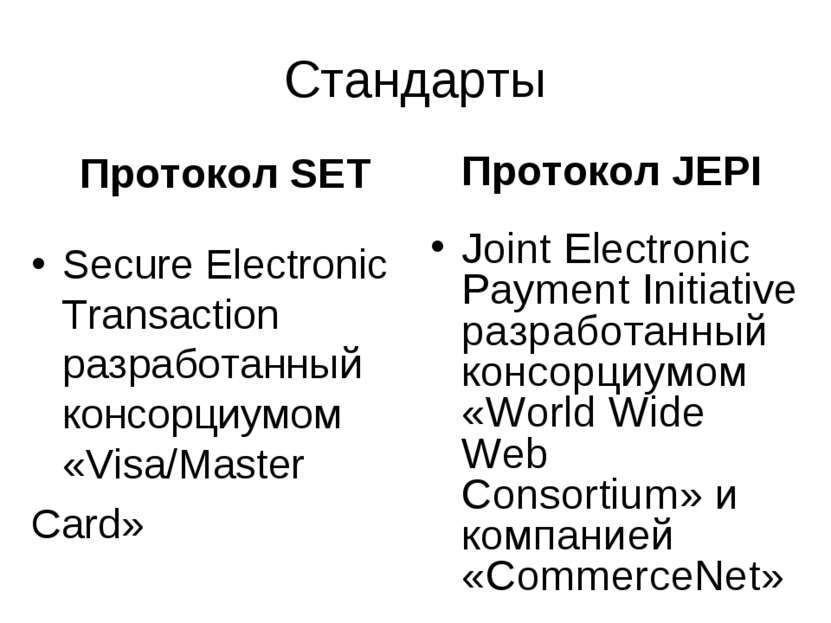 Стандарты Протокол SET Secure Electronic Transaction разработанный консорциум...