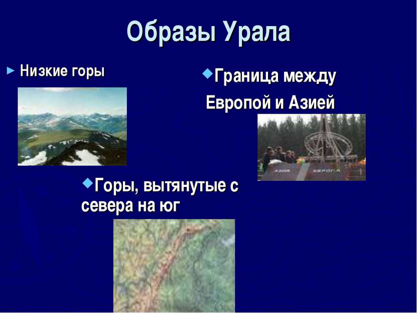 Образы Урала Низкие горы Горы, вытянутые с севера на юг Граница между Европой...