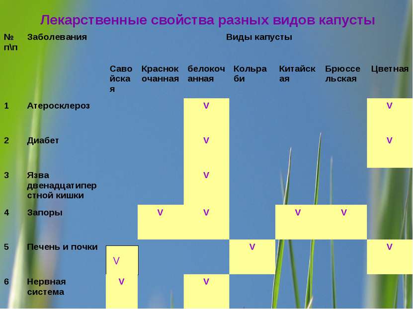 Лекарственные свойства разных видов капусты V № п\п Заболевания Виды капусты ...