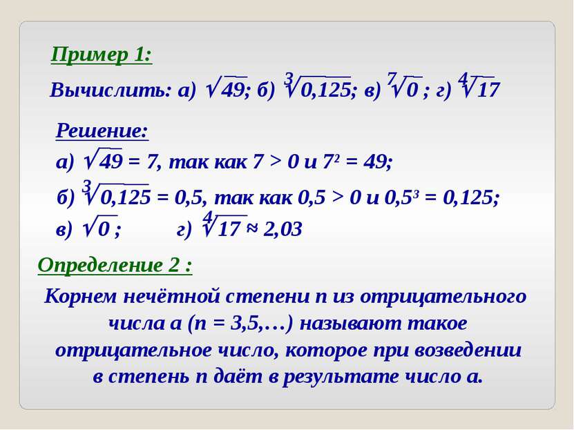 Пример 1: Вычислить: а) 49; б) 0,125; в) 0 ; г) 17 3 7 4 Решение: а) 49 = 7, ...